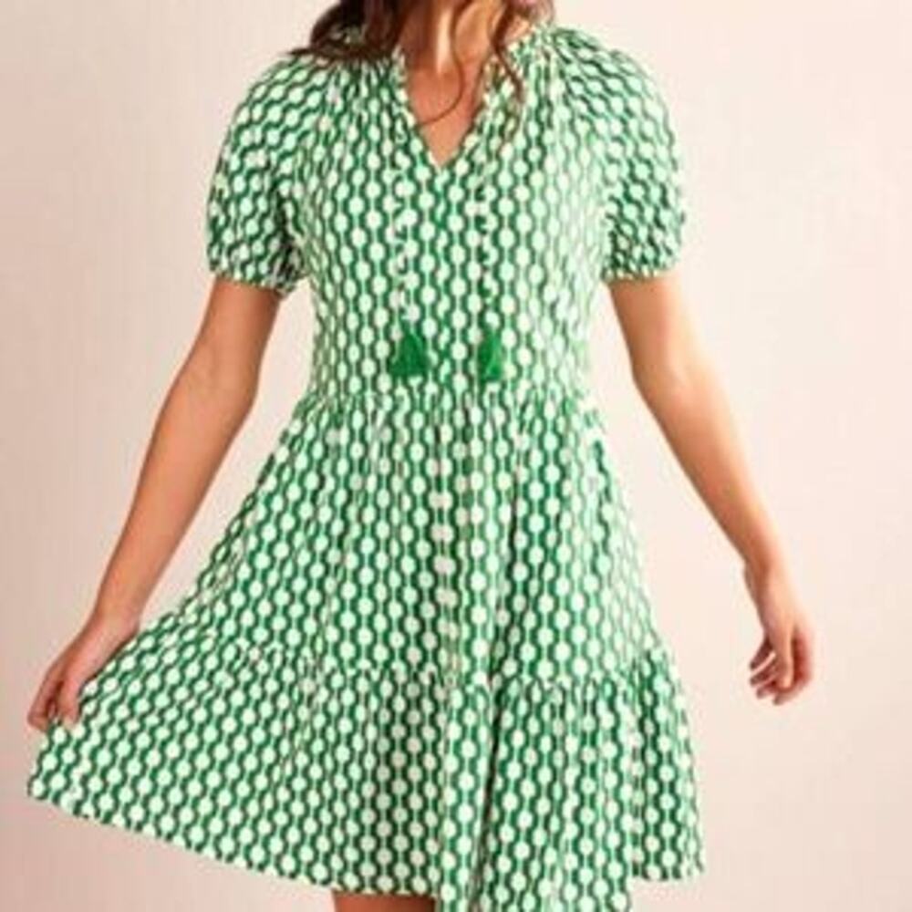 Boden Geometric Jersey Tassel Tie Puff Sleeve Mini Dress Green Women's Size 4L
